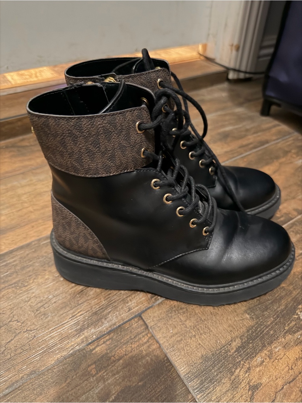 Michael Kors Black Leather Lace-Up Ankle Boots with Brown Monogram Trim